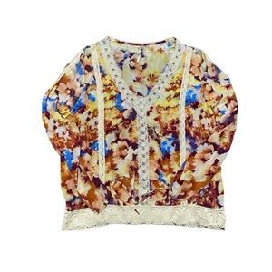 Petticoat Alley Women’s Floral Boho Watercolor Lace Trimmed Blouse Top Sz M